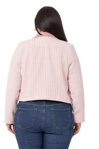 Büyük Beden Kruvaze Yakası Deri Astarlı Kısa Pembe Ceket
