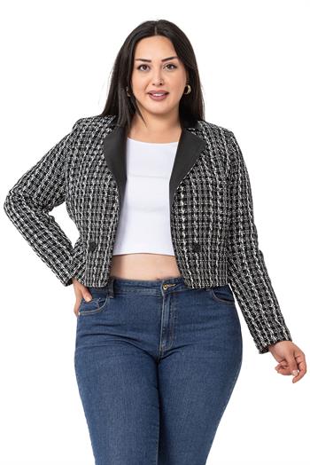 Büyük Beden Kruvaze Yakası Deri Astarlı Kısa Siyah Ceket