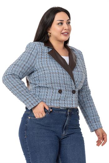 Büyük Beden Kruvaze Yakası Deri Astarlı Kısa Mavi Ceket