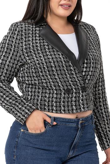 Büyük Beden Kruvaze Yakası Deri Astarlı Kısa Siyah Ceket