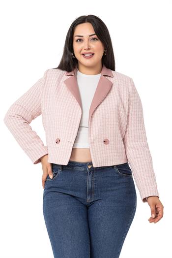 Büyük Beden Kruvaze Yakası Deri Astarlı Kısa Pembe Ceket