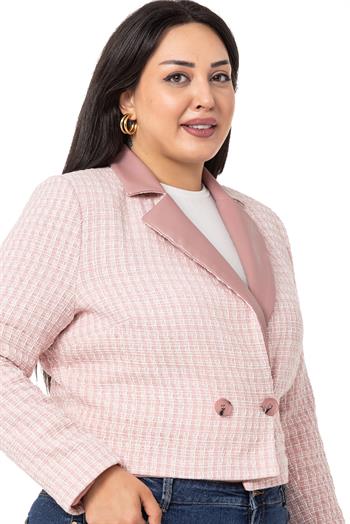 Büyük Beden Kruvaze Yakası Deri Astarlı Kısa Pembe Ceket