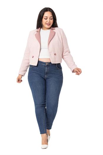 Büyük Beden Kruvaze Yakası Deri Astarlı Kısa Pembe Ceket