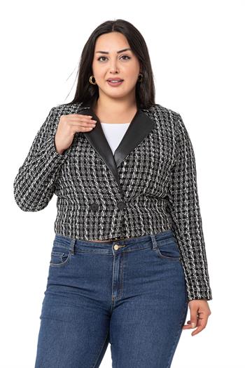 Büyük Beden Kruvaze Yakası Deri Astarlı Kısa Siyah Ceket