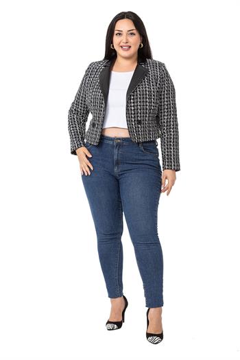 Büyük Beden Kruvaze Yakası Deri Astarlı Kısa Siyah Ceket