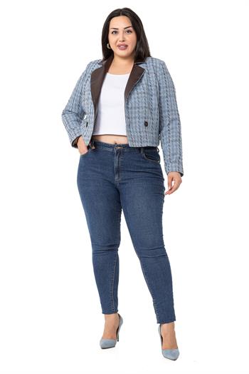 Büyük Beden Kruvaze Yakası Deri Astarlı Kısa Mavi Ceket