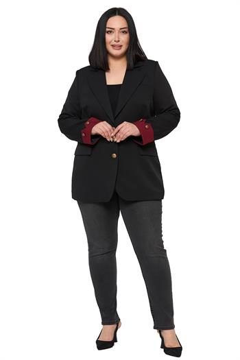 Büyük Beden Manşeti Kumaş Garnili Düğme Detaylı Astarlı Siyah Bordo Blazer Ceket