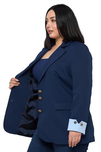 Büyük Beden Manşeti Kumaş Garnili Düğme Detaylı Astarlı Lacivert Mavi Blazer Ceket