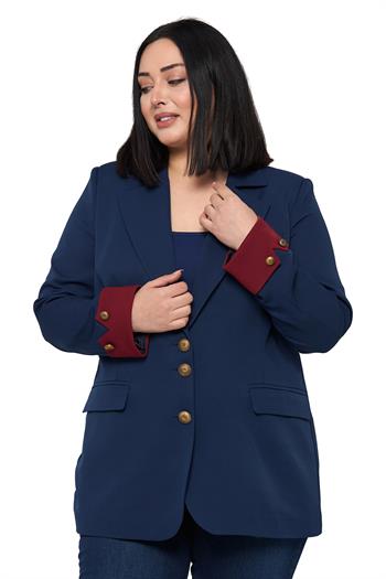 Büyük Beden Manşeti Kumaş Garnili Düğme Detaylı Astarlı Lacivert Bordo Blazer Ceket