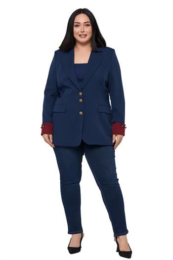 Büyük Beden Manşeti Kumaş Garnili Düğme Detaylı Astarlı Lacivert Bordo Blazer Ceket