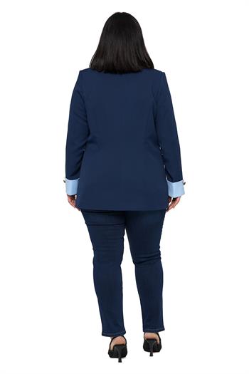 Büyük Beden Manşeti Kumaş Garnili Düğme Detaylı Astarlı Lacivert Mavi Blazer Ceket