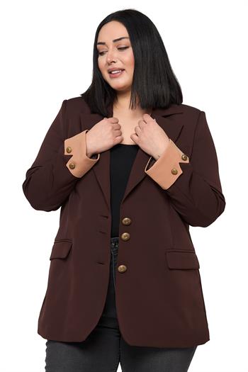 Büyük Beden Manşeti Kumaş Garnili Düğme Detaylı Astarlı Kahverengi Vizon Blazer Ceket