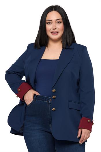 Büyük Beden Manşeti Kumaş Garnili Düğme Detaylı Astarlı Lacivert Bordo Blazer Ceket
