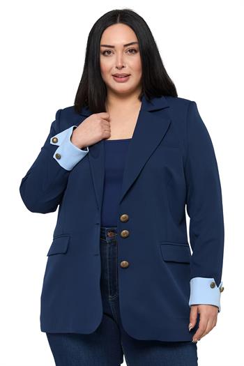 Büyük Beden Manşeti Kumaş Garnili Düğme Detaylı Astarlı Lacivert Mavi Blazer Ceket