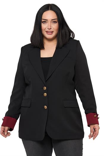 Büyük Beden Manşeti Kumaş Garnili Düğme Detaylı Astarlı Siyah Bordo Blazer Ceket