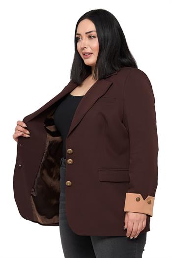 Büyük Beden Manşeti Kumaş Garnili Düğme Detaylı Astarlı Kahverengi Vizon Blazer Ceket
