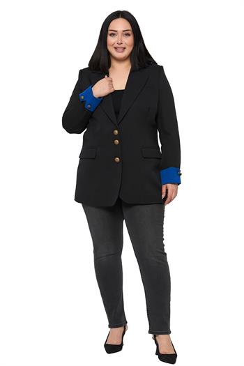 Büyük Beden Manşeti Kumaş Garnili Düğme Detaylı Astarlı Siyah Saks Mavi Blazer Ceket