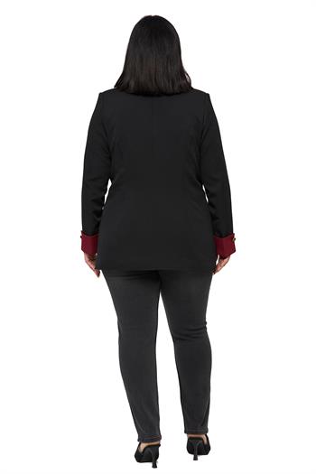Büyük Beden Manşeti Kumaş Garnili Düğme Detaylı Astarlı Siyah Bordo Blazer Ceket