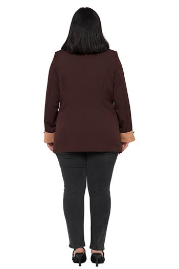 Büyük Beden Manşeti Kumaş Garnili Düğme Detaylı Astarlı Kahverengi Vizon Blazer Ceket