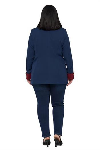 Büyük Beden Manşeti Kumaş Garnili Düğme Detaylı Astarlı Lacivert Bordo Blazer Ceket