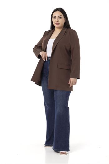 Büyük Beden Mono Yaka Süs Cep Kapaklı Kahverengi Astarsız Kadın Ceket