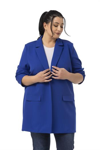 Büyük Beden Mono Yaka Süs Cep Kapaklı Saks Mavi Astarsız Kadın Ceket