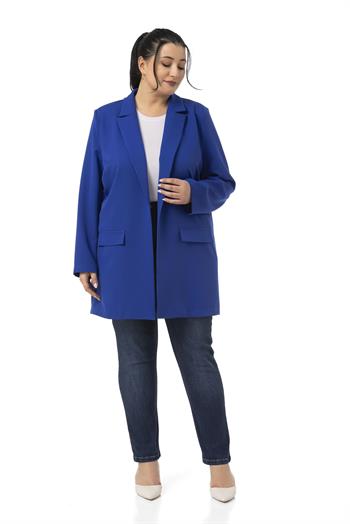 Büyük Beden Mono Yaka Süs Cep Kapaklı Saks Mavi Astarsız Kadın Ceket
