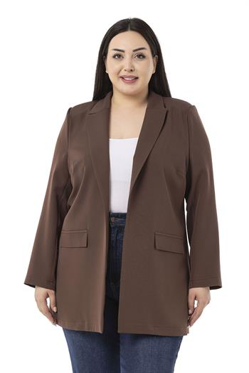 Büyük Beden Mono Yaka Süs Cep Kapaklı Kahverengi Astarsız Kadın Ceket