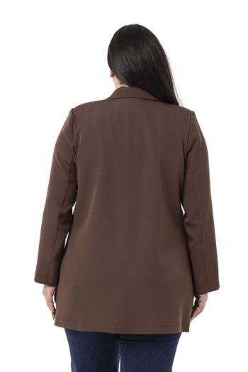 Büyük Beden Mono Yaka Süs Cep Kapaklı Kahverengi Astarsız Kadın Ceket