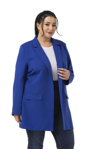 Büyük Beden Mono Yaka Süs Cep Kapaklı Saks Mavi Astarsız Kadın Ceket