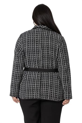 Büyük Beden Şal Yaka Biye Detaylı Kuşaklı Astarsız Siyah Beyaz Ceket