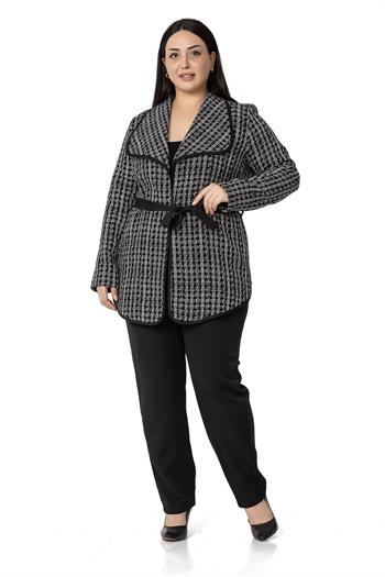 Büyük Beden Şal Yaka Biye Detaylı Kuşaklı Astarsız Siyah Beyaz Ceket