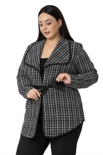 Büyük Beden Şal Yaka Biye Detaylı Kuşaklı Astarsız Siyah Beyaz Ceket