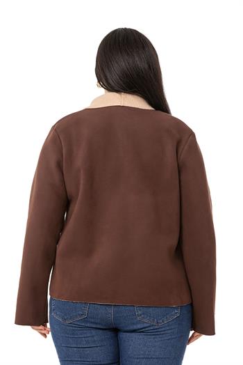 Büyük Beden Şal Yaka İçi Kürklü Kısa Süet Kahverengi Ceket