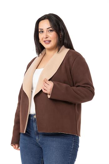 Büyük Beden Şal Yaka İçi Kürklü Kısa Süet Kahverengi Ceket