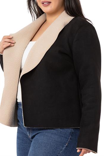 Büyük Beden Şal Yaka İçi Kürklü Kısa Süet Siyah Ceket