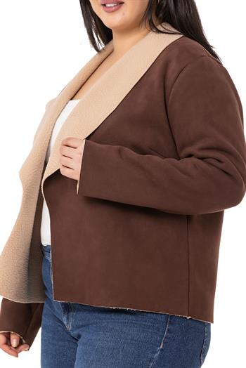 Büyük Beden Şal Yaka İçi Kürklü Kısa Süet Kahverengi Ceket