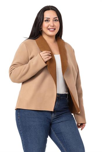 Büyük Beden Şal Yaka İçi Kürklü Kısa Süet Vizon Ceket