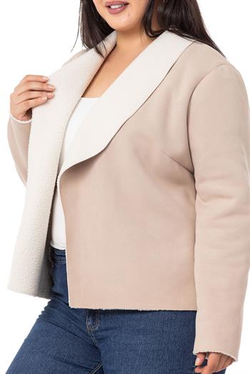 Büyük Beden Şal Yaka İçi Kürklü Kısa Süet Bej Rengi Ceket