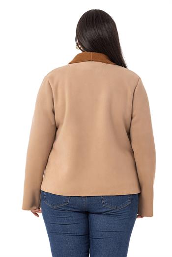 Büyük Beden Şal Yaka İçi Kürklü Kısa Süet Vizon Ceket