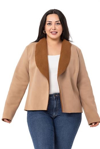 Büyük Beden Şal Yaka İçi Kürklü Kısa Süet Vizon Ceket