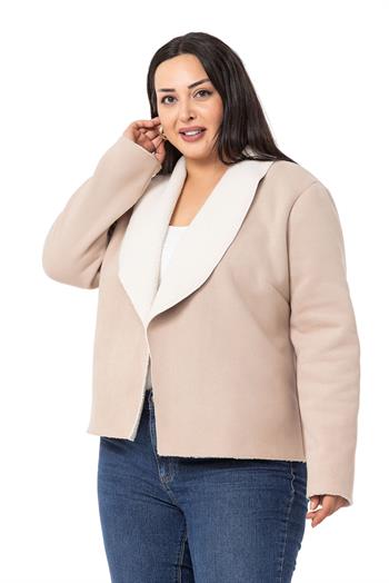 Büyük Beden Şal Yaka İçi Kürklü Kısa Süet Bej Rengi Ceket