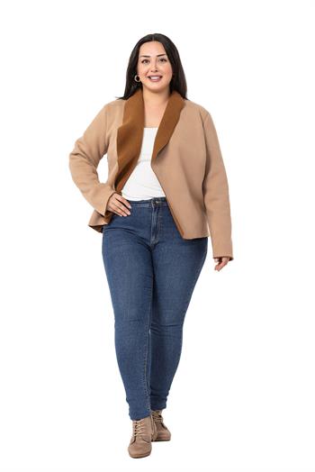 Büyük Beden Şal Yaka İçi Kürklü Kısa Süet Vizon Ceket