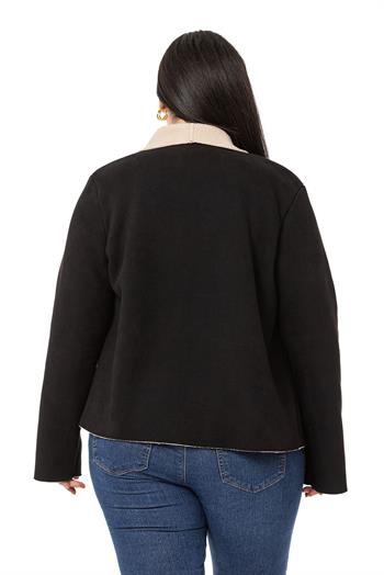 Büyük Beden Şal Yaka İçi Kürklü Kısa Süet Siyah Ceket