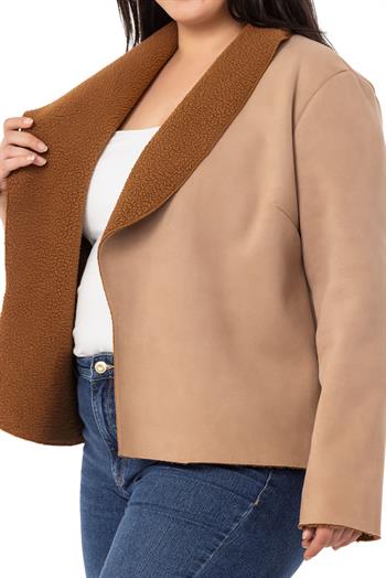 Büyük Beden Şal Yaka İçi Kürklü Kısa Süet Vizon Ceket