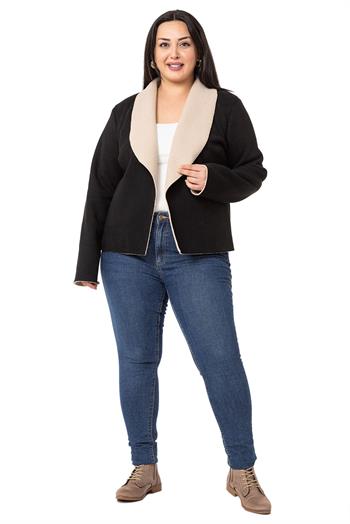 Büyük Beden Şal Yaka İçi Kürklü Kısa Süet Siyah Ceket