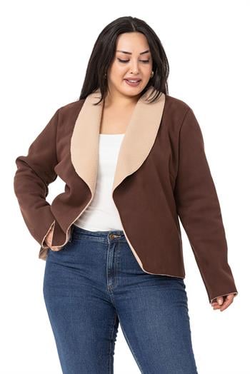 Büyük Beden Şal Yaka İçi Kürklü Kısa Süet Kahverengi Ceket