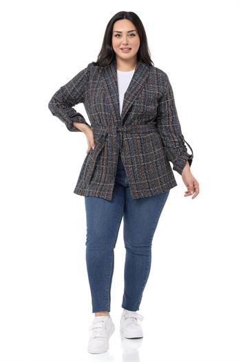 Büyük Beden Şal Yaka Katlamalı Kollu Kuşaklı Siyah Ceket