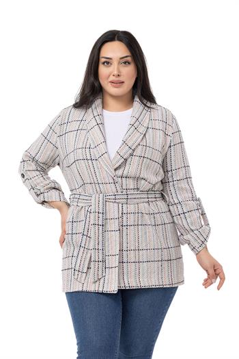 Büyük Beden Şal Yaka Katlamalı Kollu Kuşaklı Ekru Lacivert Ceket