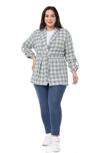 Büyük Beden Şal Yaka Katlamalı Kollu Kuşaklı Haki Ceket